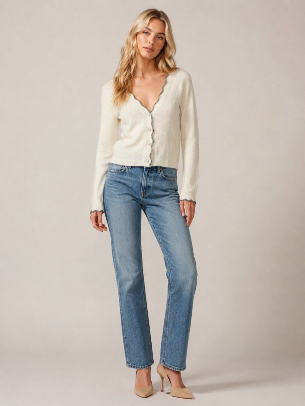 2/$30 Andree by Unit Silver-trimmed Scalloped Pearl Button Cardigan Ecru #A3512
